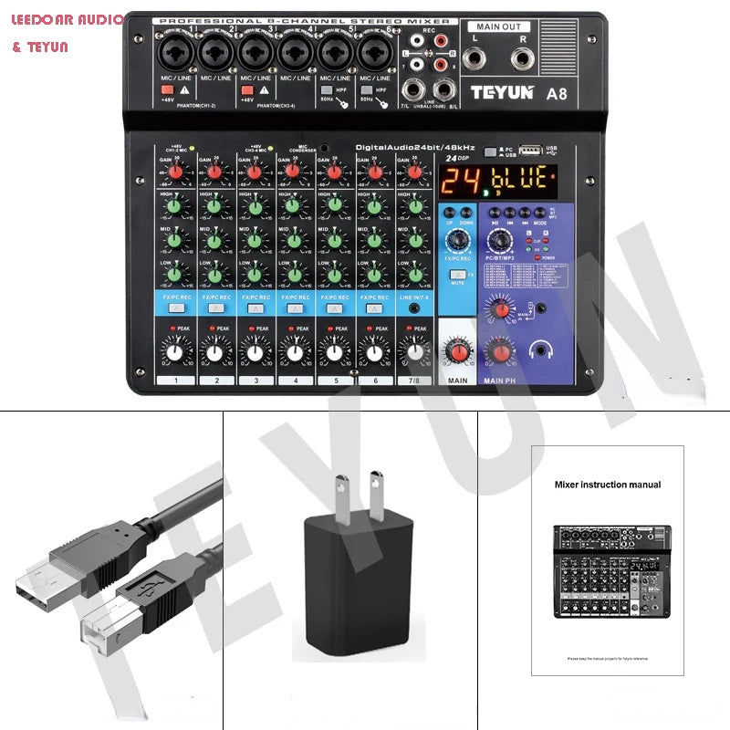 TEYUN 8 Channel DJ Mixer With 24 DSP Effects Bluetooth