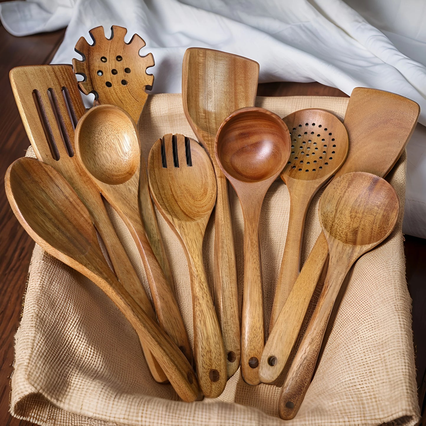 10 Piece Wooden Kitchen Utensils Set For Cooking And Stirring