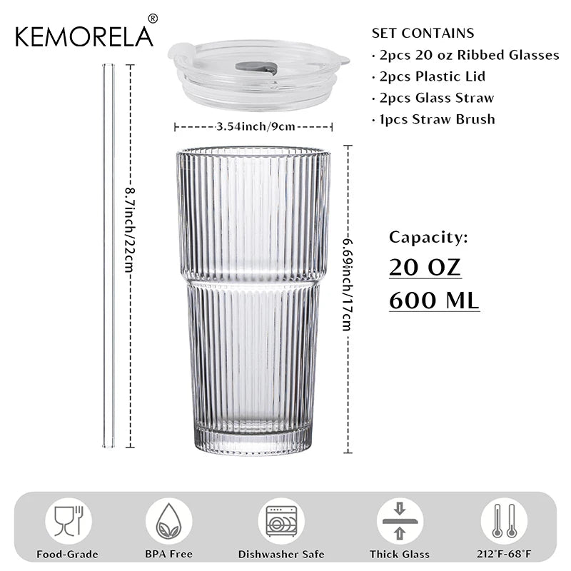 KEMORELA Ribbed Glass Tumblers With Lids And Straws Set