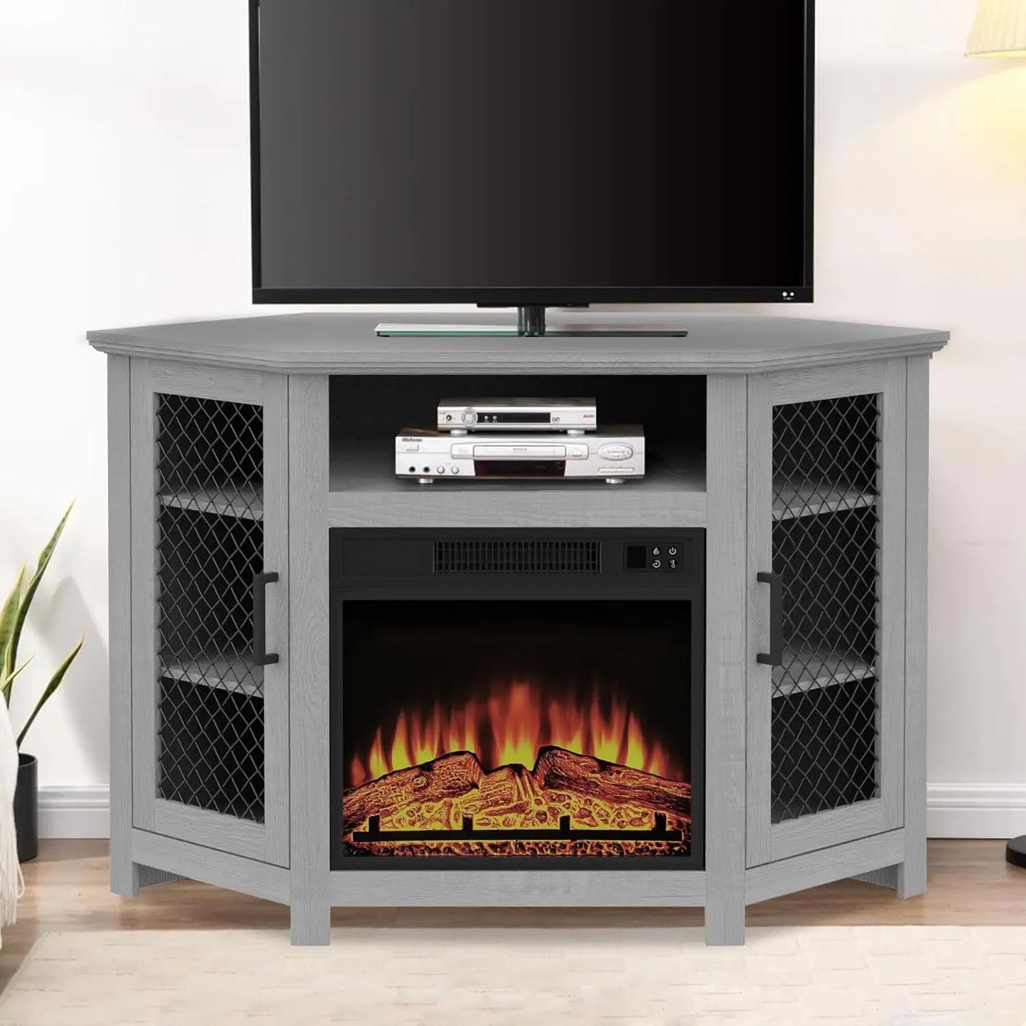 Corner Fireplace TV Stand Farmhouse Entertainment Center With Electric Fireplace