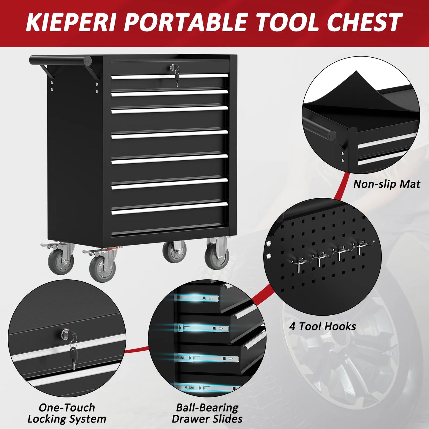 Kieperi 7-Drawer Rolling Tool Chest With Heavy Wheels