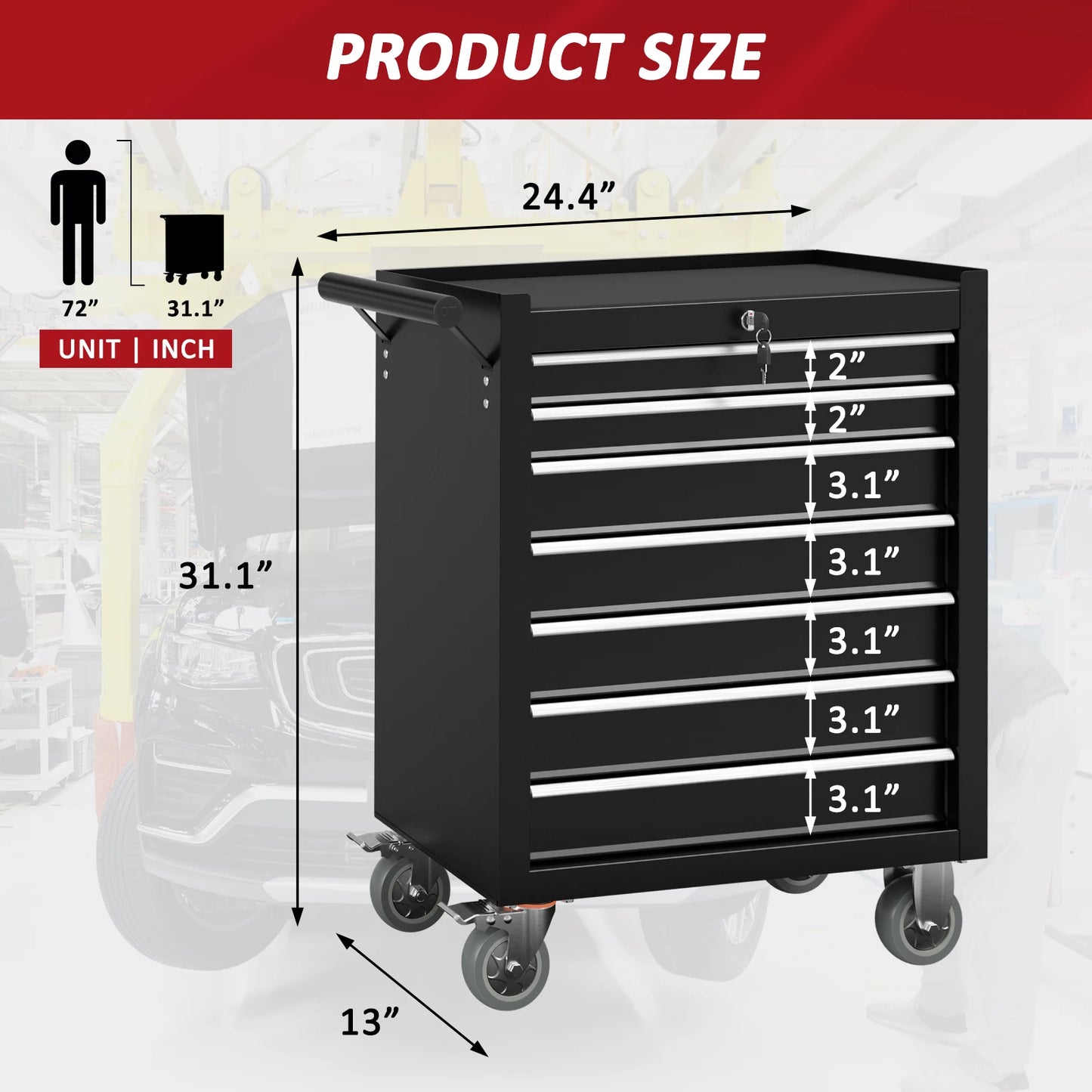 Kieperi 7-Drawer Rolling Tool Chest With Heavy Wheels