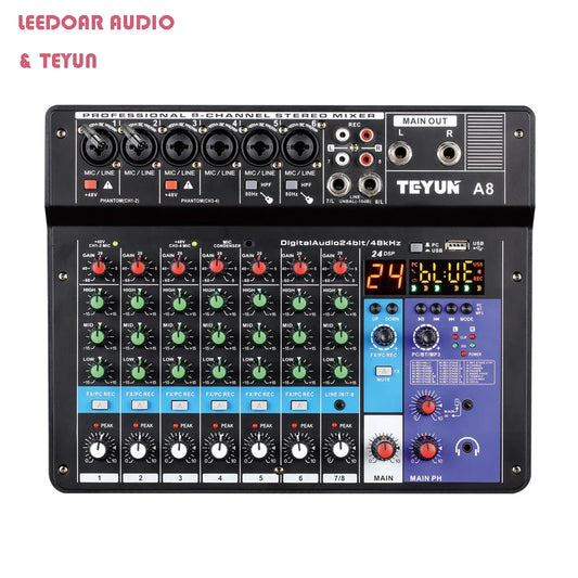 TEYUN 8 Channel DJ Mixer With 24 DSP Effects Bluetooth