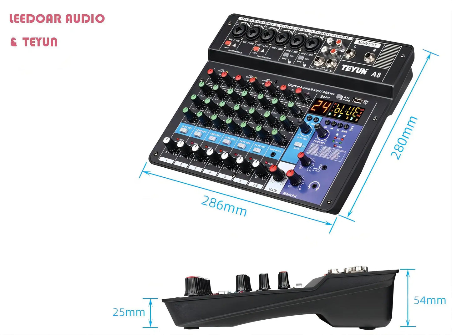 TEYUN 8 Channel DJ Mixer With 24 DSP Effects Bluetooth