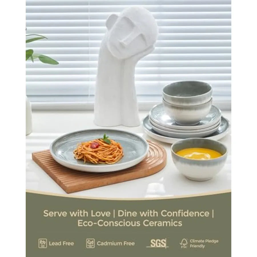 Gradient Green Stoneware Dinnerware Set 12 Piece Handmade Ceramic