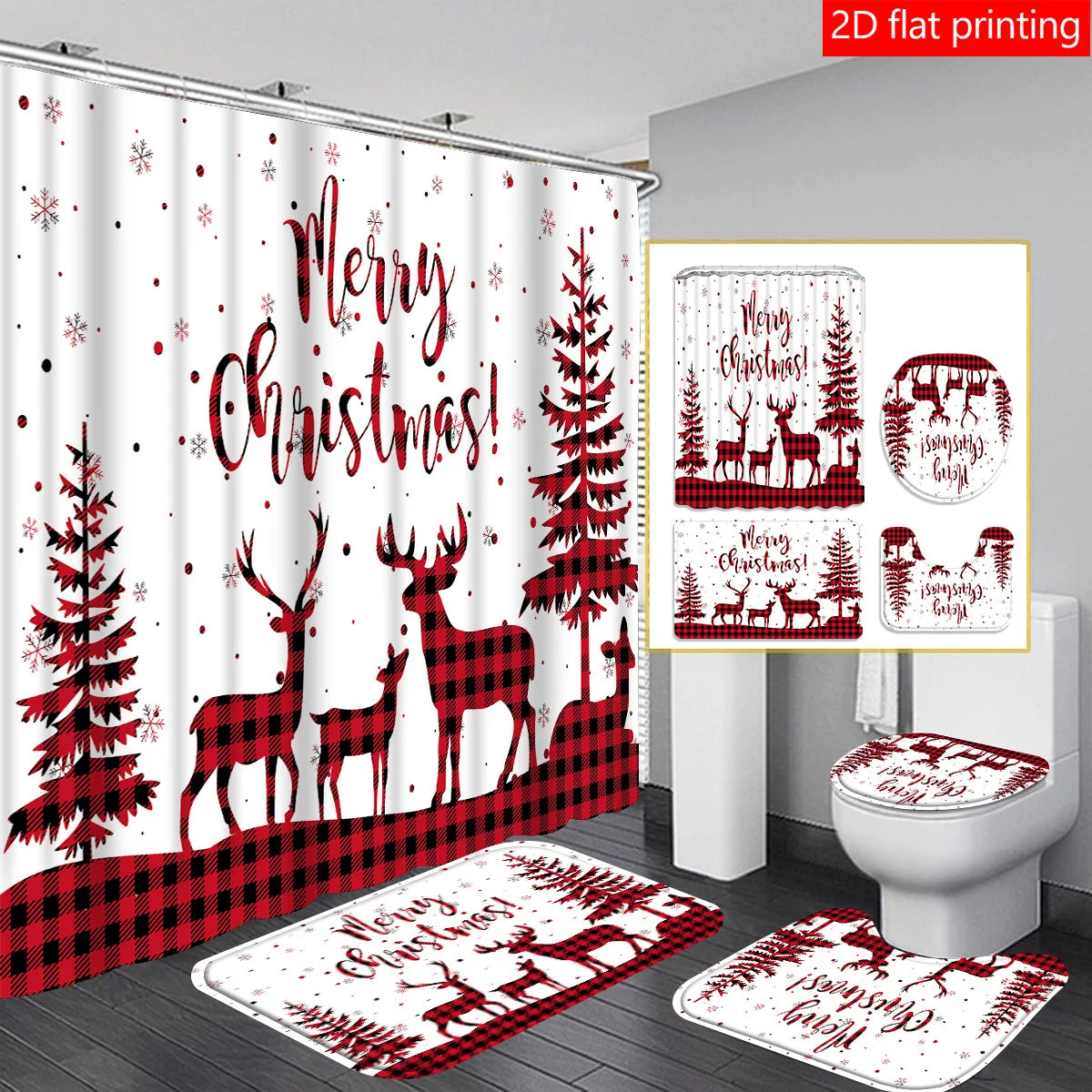 Christmas Tree Shower Curtain Set Four Pieces 2D Print