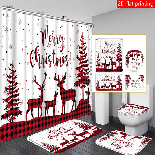 Christmas Tree Shower Curtain Set Four Pieces 2D Print