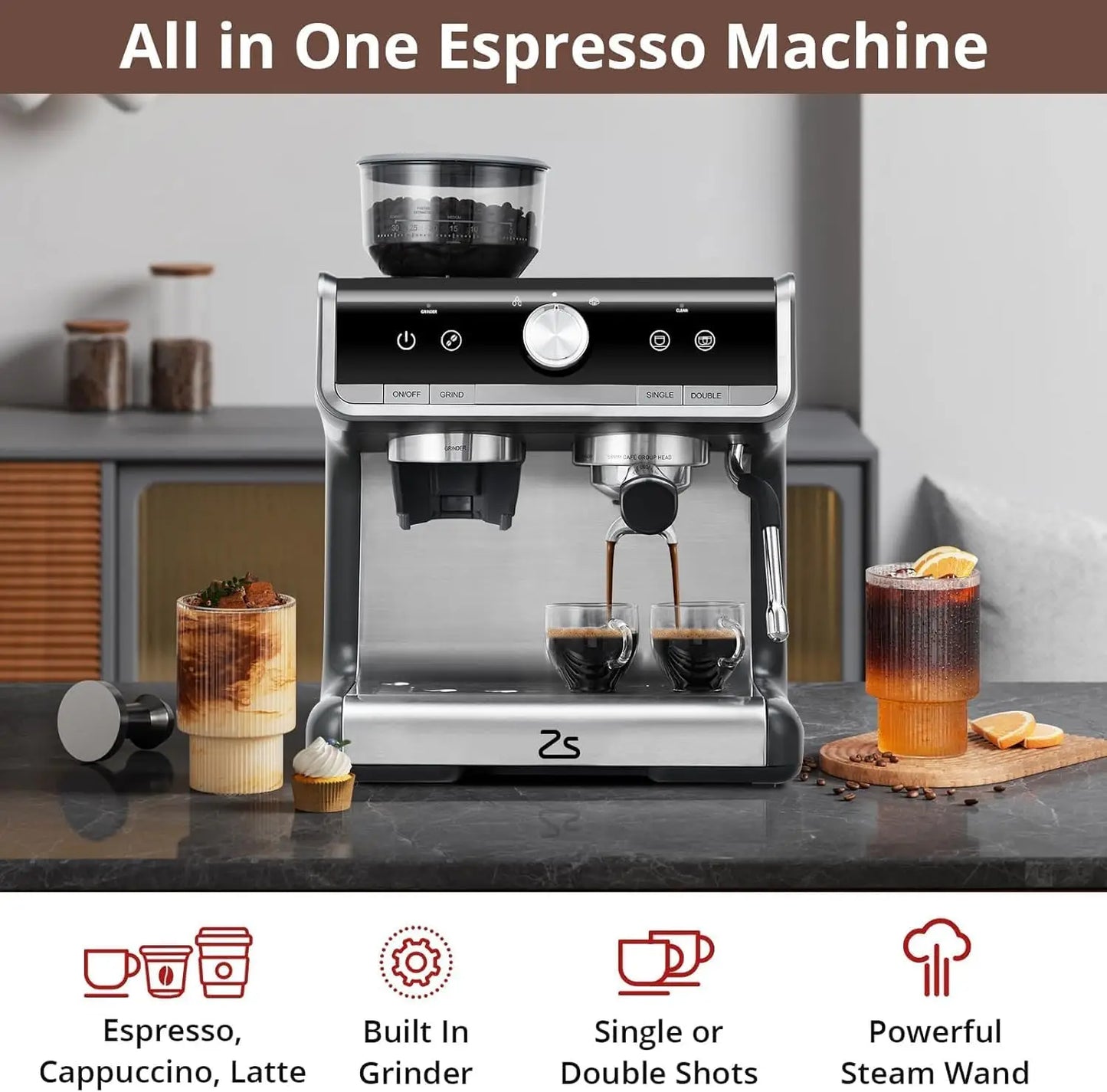 Acekool Espresso Machine With Grinder And Milk Frother