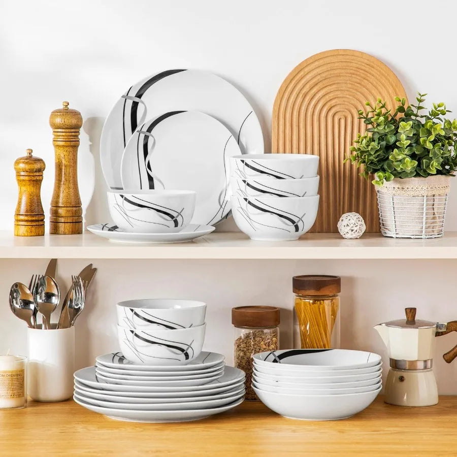 Porcelain Dinnerware Set 24 Pieces Plates and Bowls Ribbon Lines
