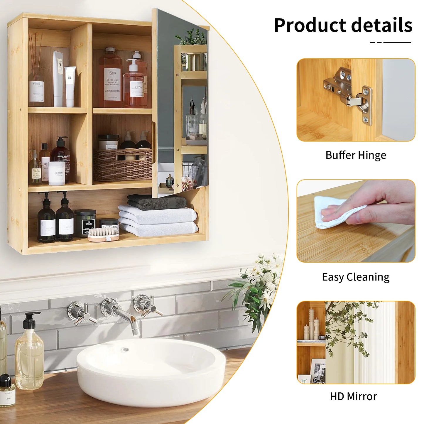 Wisfor Wall Medicine Cabinet Bamboo Bathroom Storage With Mirror