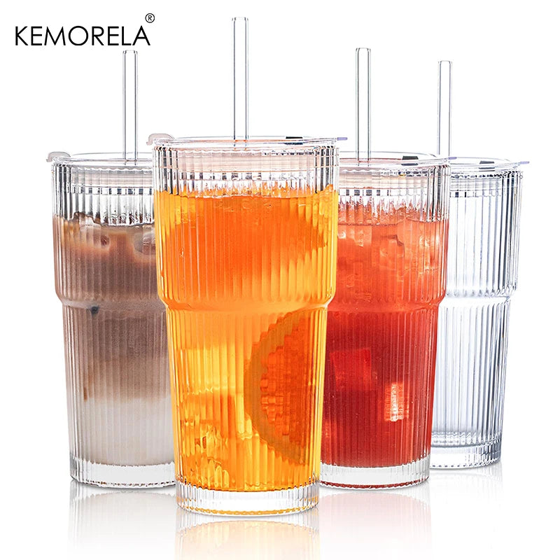 KEMORELA Ribbed Glass Tumblers With Lids And Straws Set