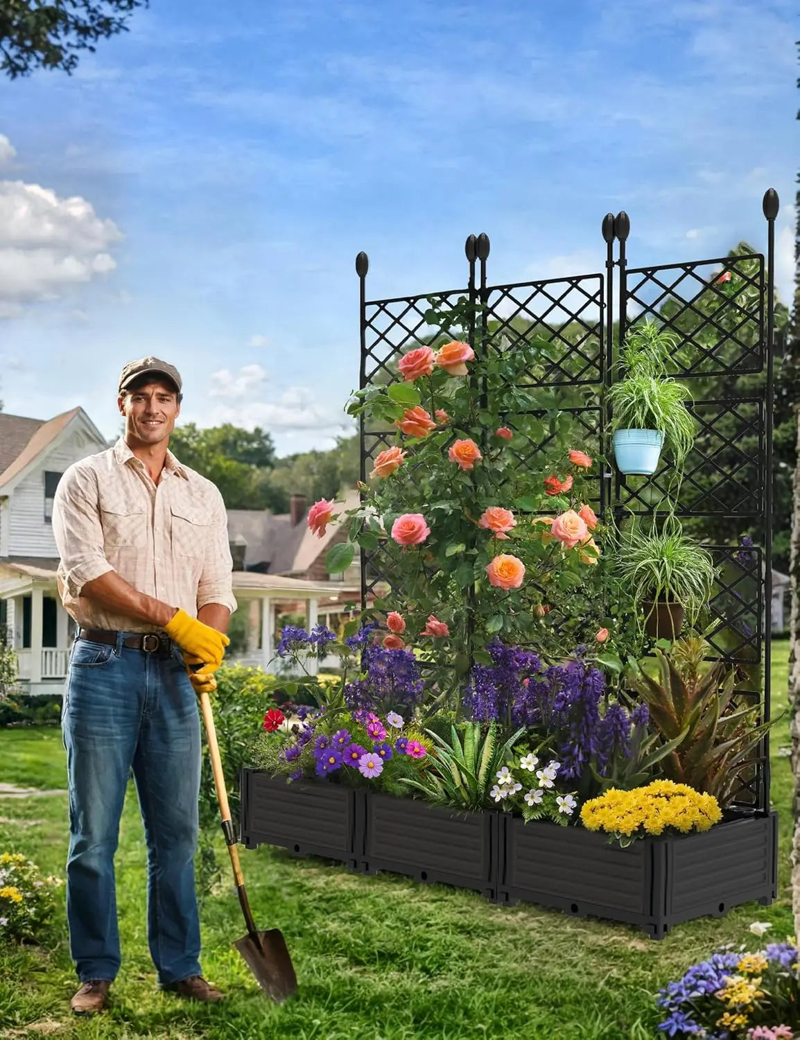 Outdoor Raised Planter Boxes With Trellis For Climbing Plants