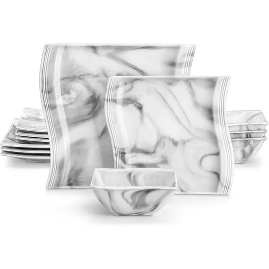 Porcelain Plates And Bowls Set 12-Piece For Four Microwave-Dishwasher Safe