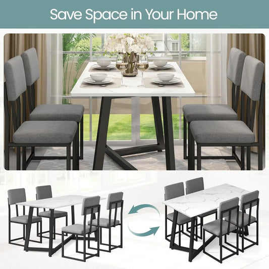 5-Piece Dining Set Faux Marble Table With Linen Upholstered Chairs