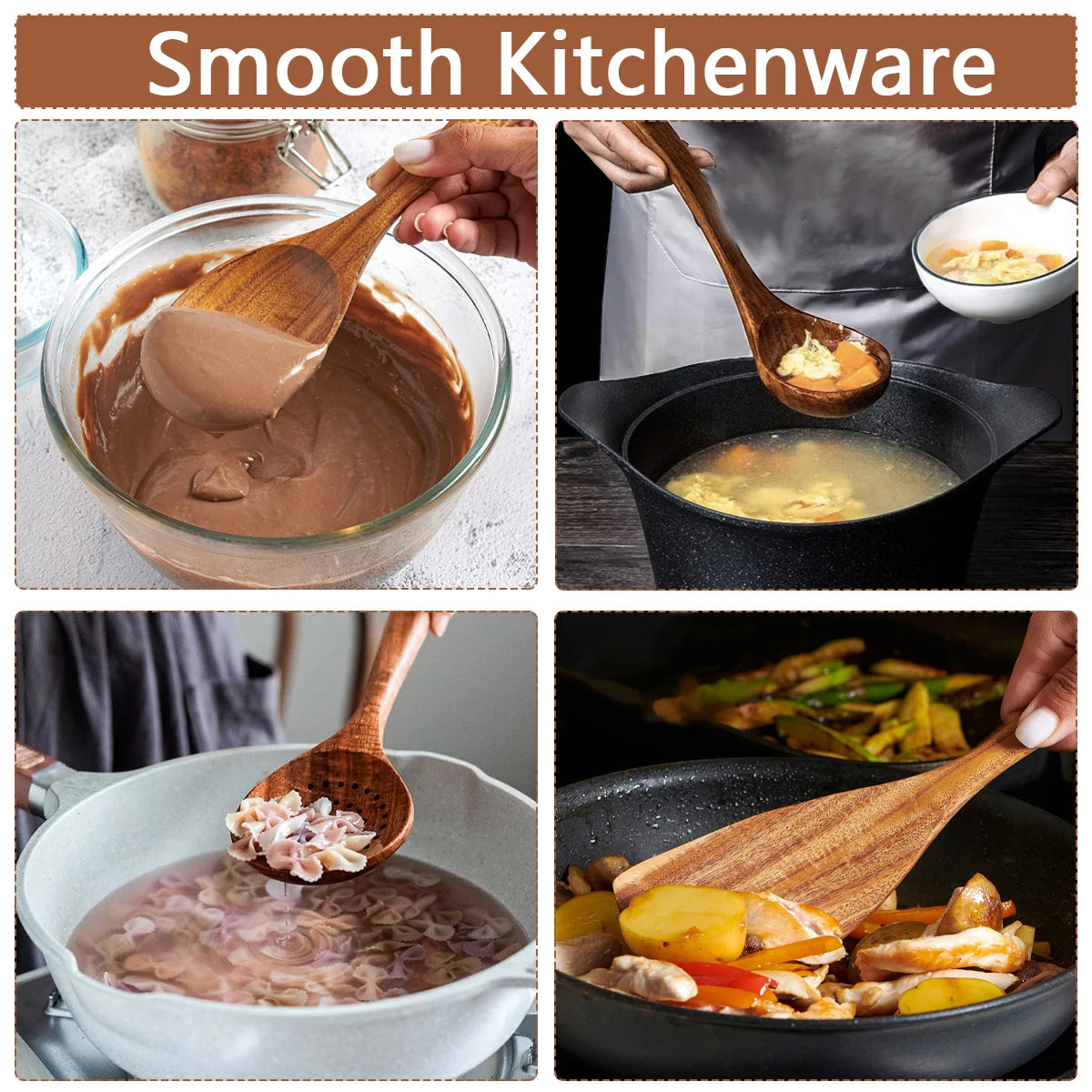 10 Piece Wooden Kitchen Utensils Set For Cooking And Stirring