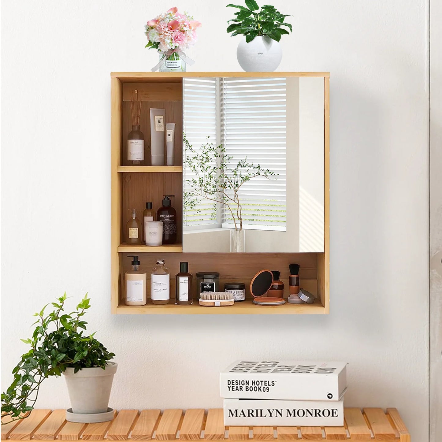 Wisfor Wall Medicine Cabinet Bamboo Bathroom Storage With Mirror