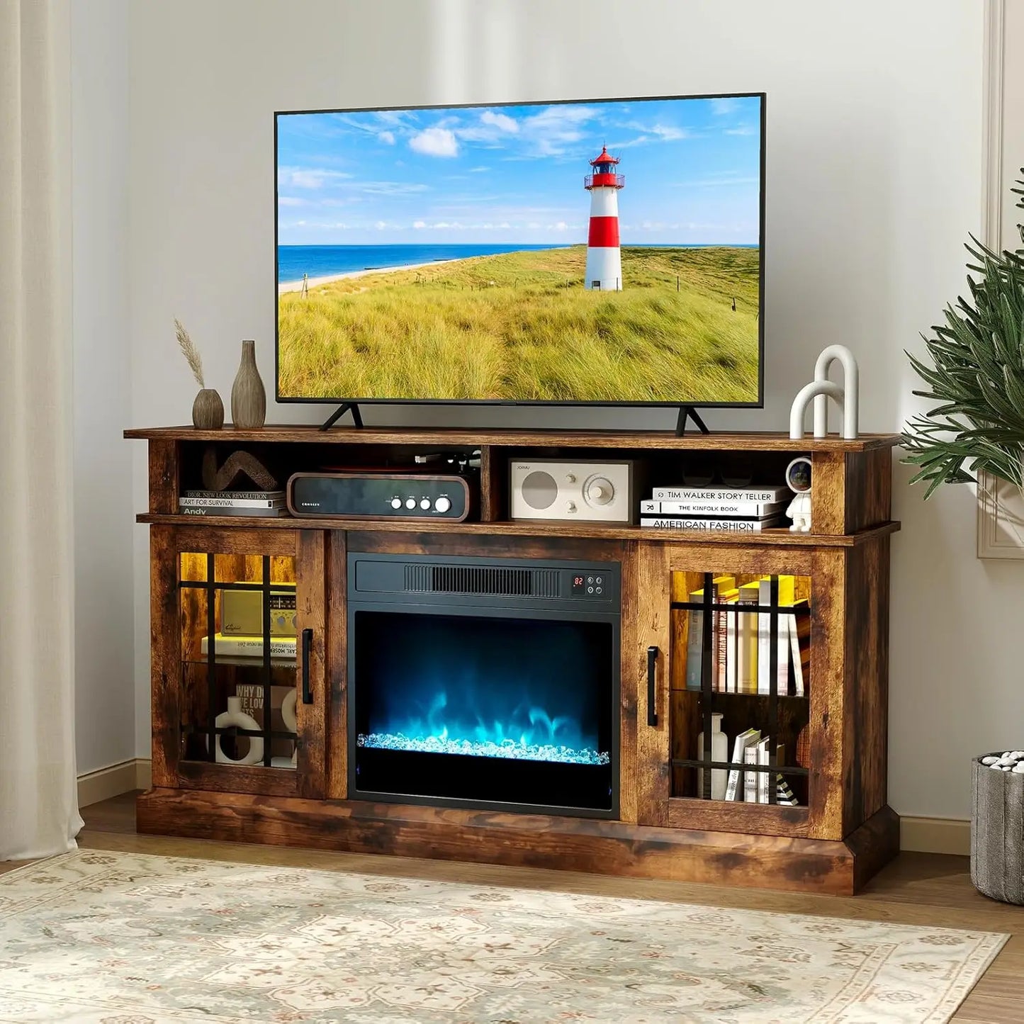 Rustic Electric Fireplace TV Stand With LED Lights And Remote