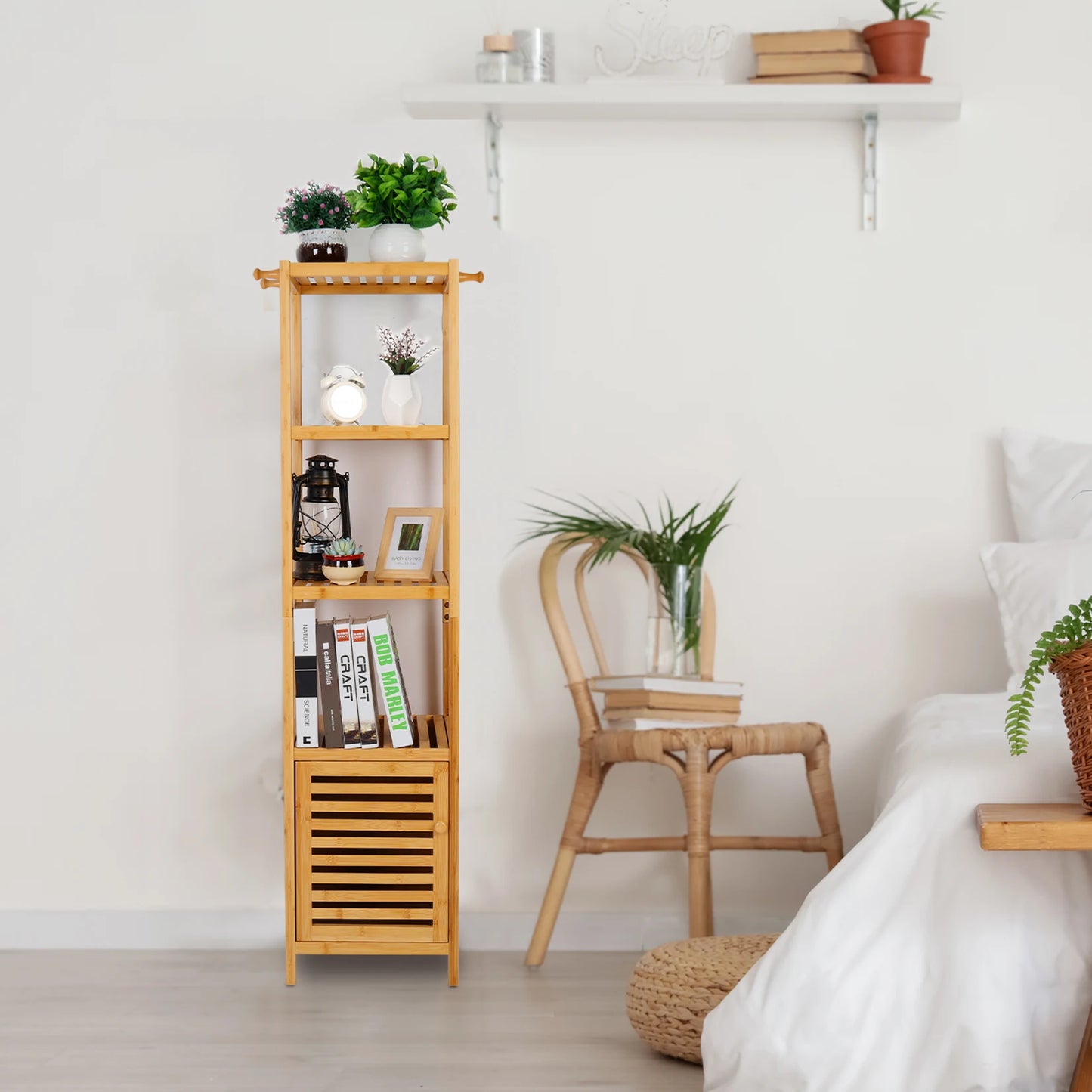 Bamboo Freestanding Bathroom Cabinet Storage Slim Corner Shelf
