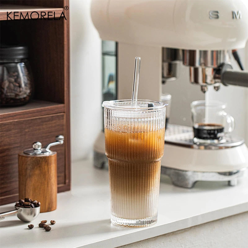 KEMORELA Ribbed Glass Tumblers With Lids And Straws Set
