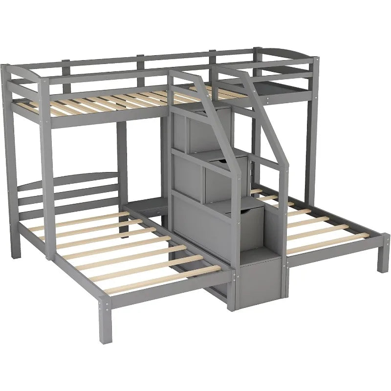 Triple Bunk Bed With Twin Over Twin And Storage Staircase