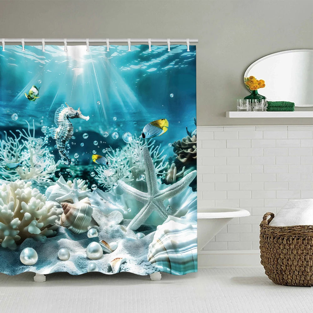 Ocean Bathroom Four Piece Set Waterproof Shower Curtain Kit