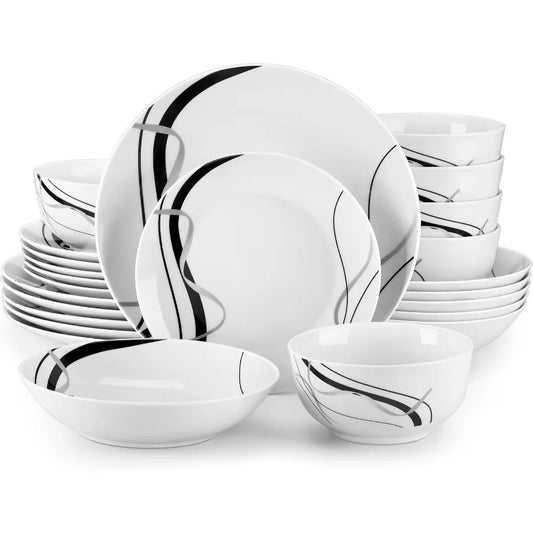 Porcelain Dinnerware Set 24 Pieces Plates and Bowls Ribbon Lines