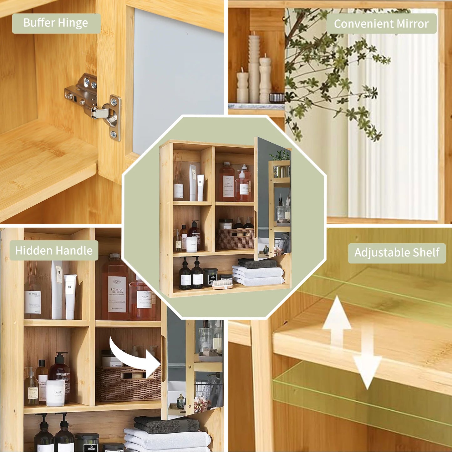 Wisfor Wall Medicine Cabinet Bamboo Bathroom Storage With Mirror