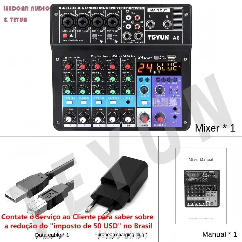 TEYUN 8 Channel DJ Mixer With 24 DSP Effects Bluetooth