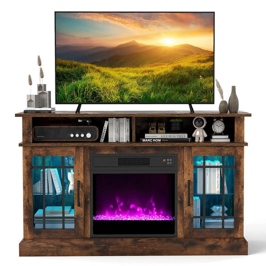 Rustic Electric Fireplace TV Stand With LED Lights And Remote
