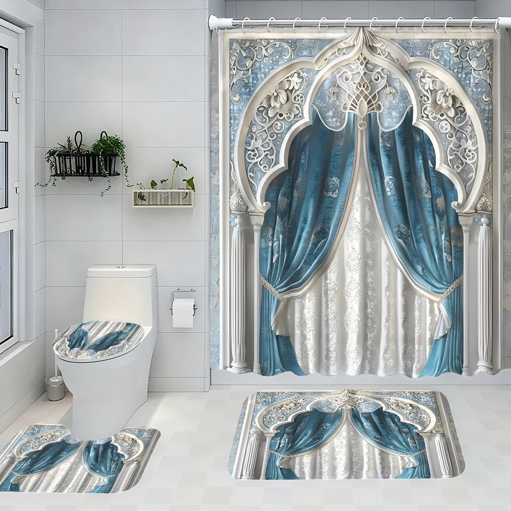 4pc Polyester Bath Curtain Set Striped 2D Printed Decor