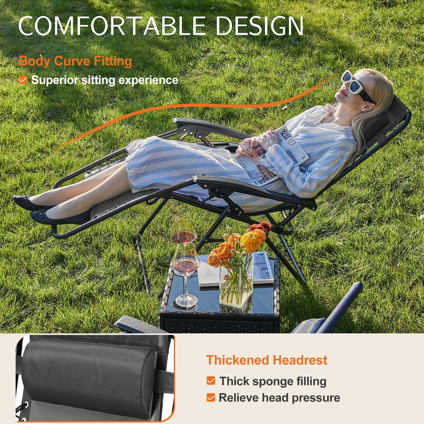 JHK Zero Gravity Set Of 2 Portable Recliner Lounge Chairs With Cup Holder Trays