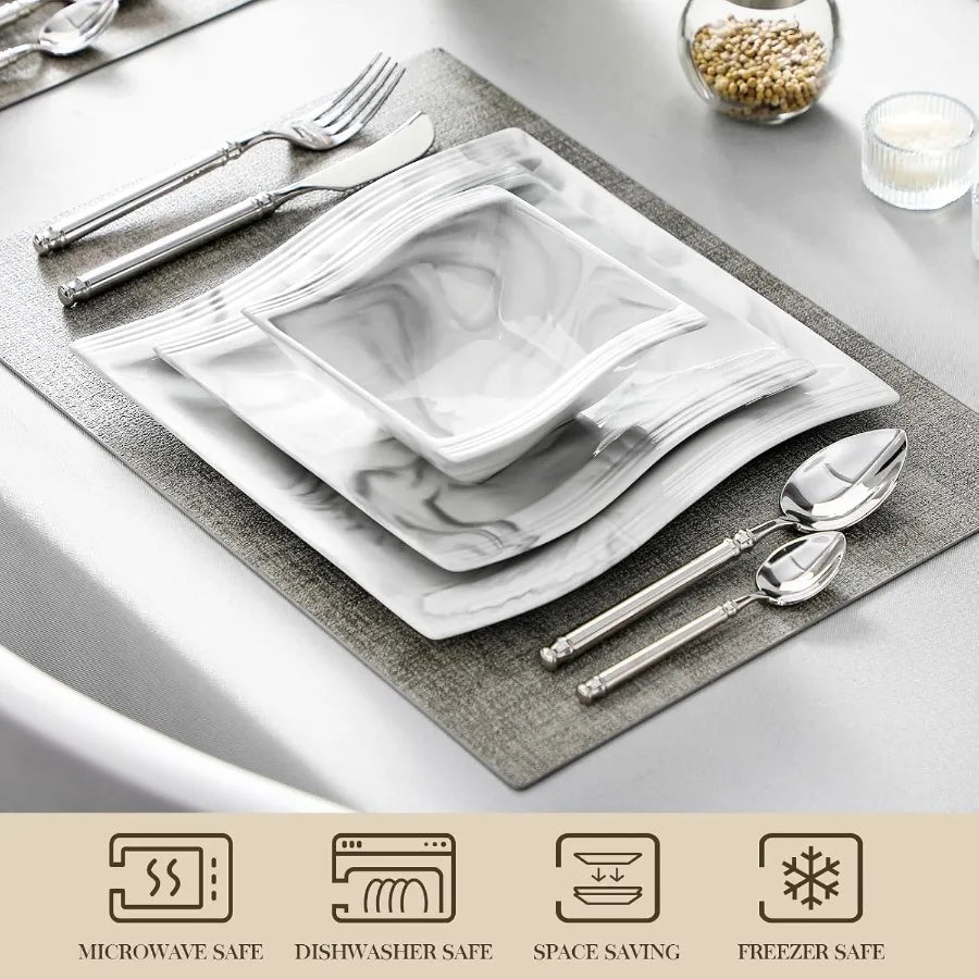 Porcelain Plates And Bowls Set 12-Piece For Four Microwave-Dishwasher Safe