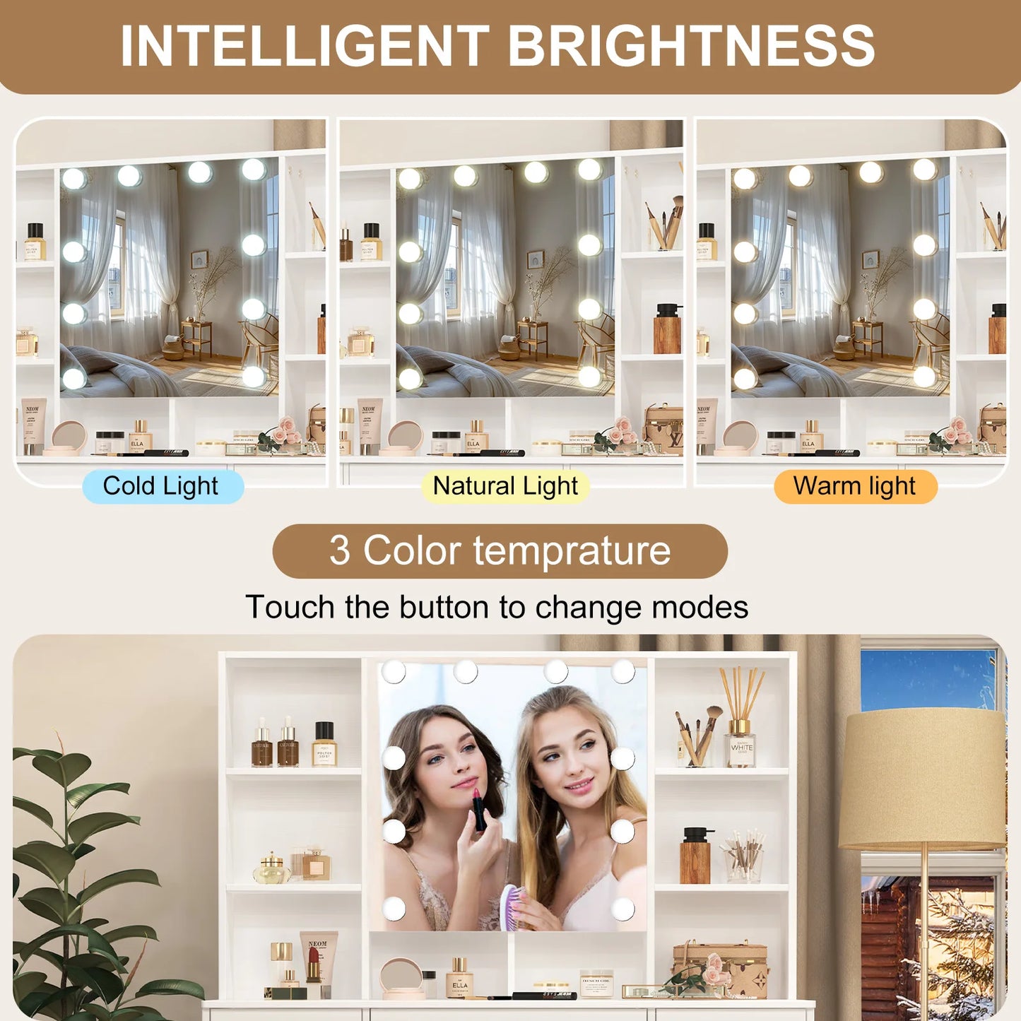 General Use Refined Oak Makeup Vanity With LED Mirror And Shelves