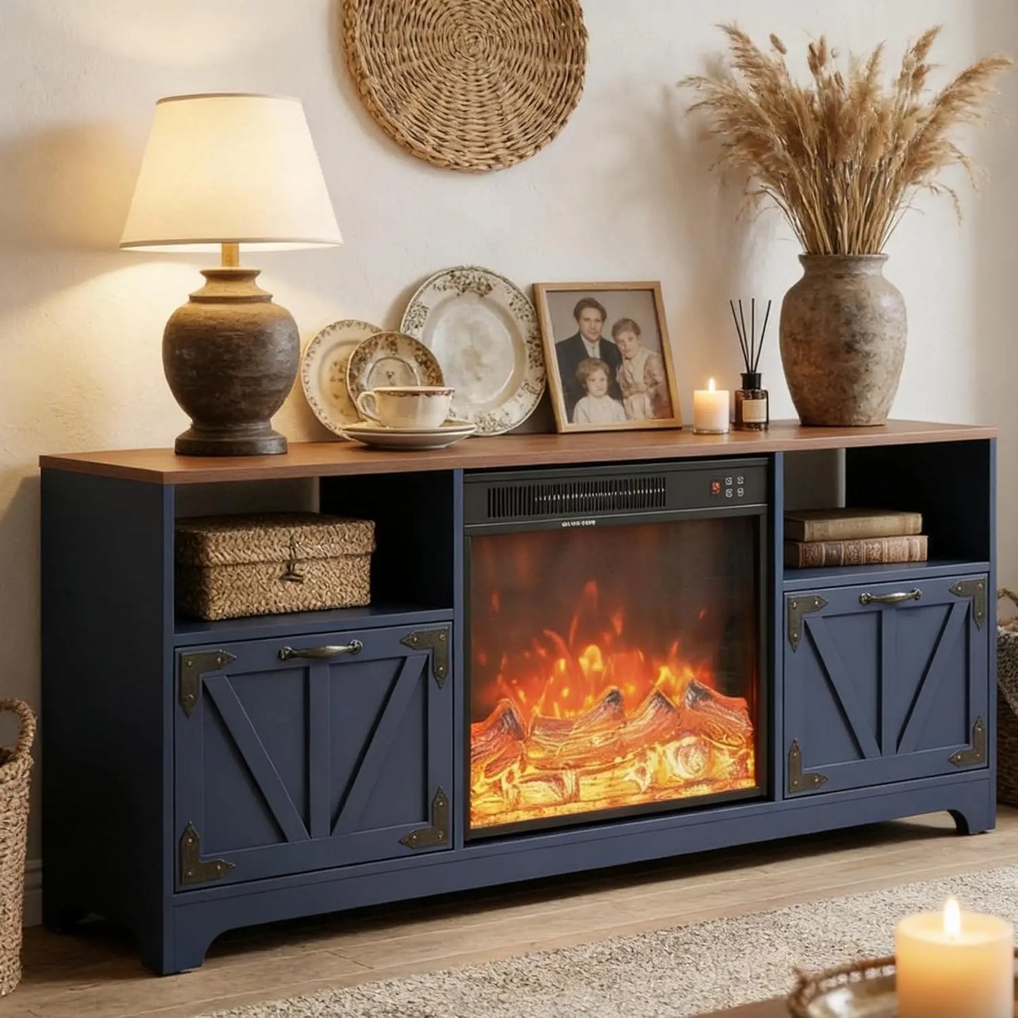 Farmhouse Modern Fireplace TV Stand With Built-In Electric Fireplace