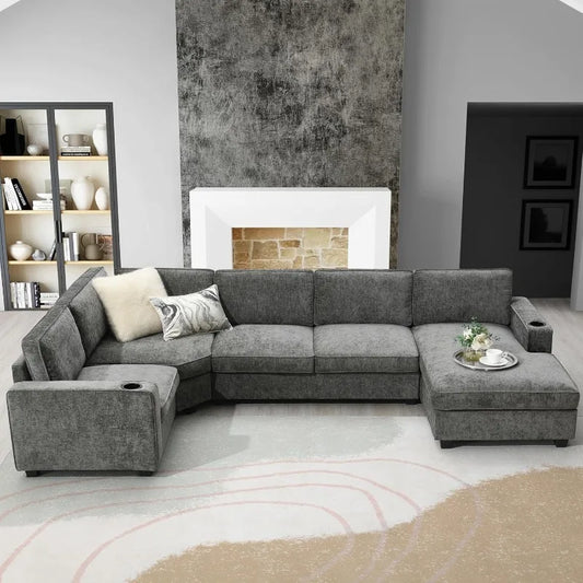 Combination U Shaped Cloud Sofa Set With Oversized Chaise Lounge Cup Holders