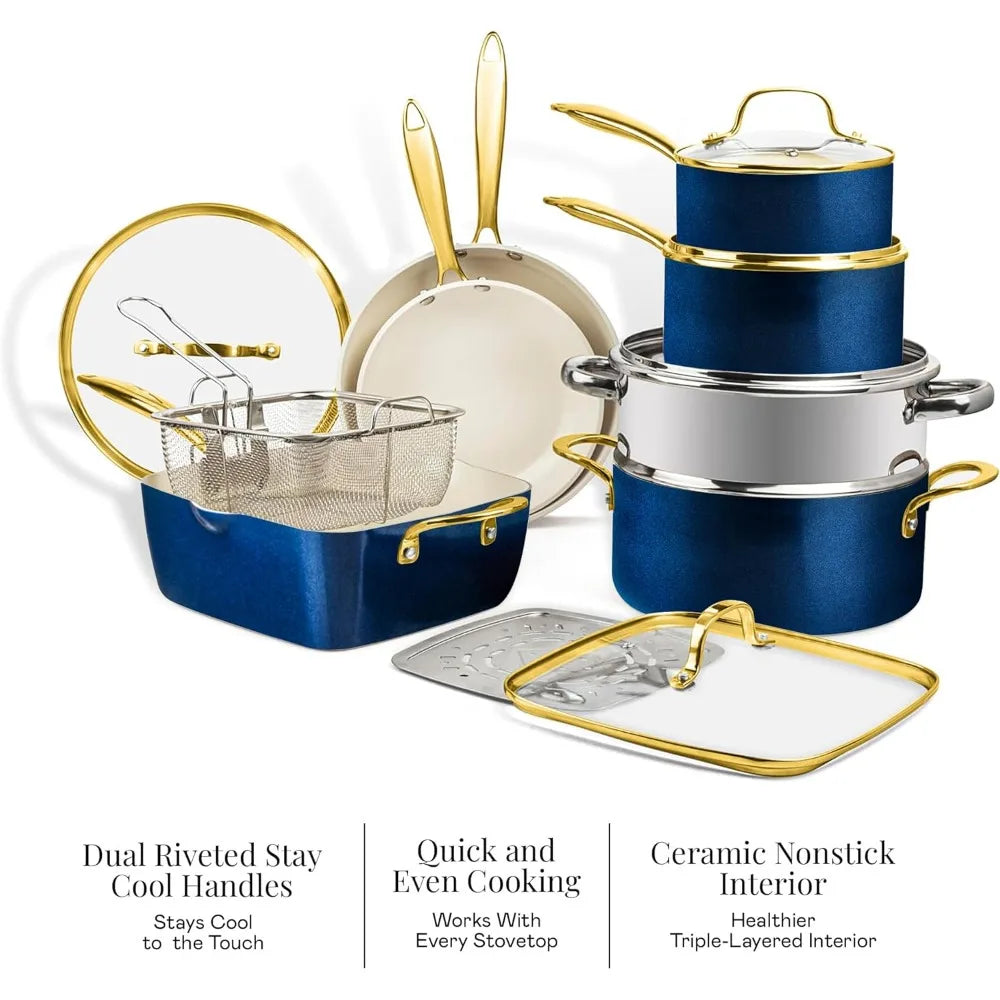 Gotham Steel Gold Ceramic Cookware Set 12 Piece Nonstick Steamer