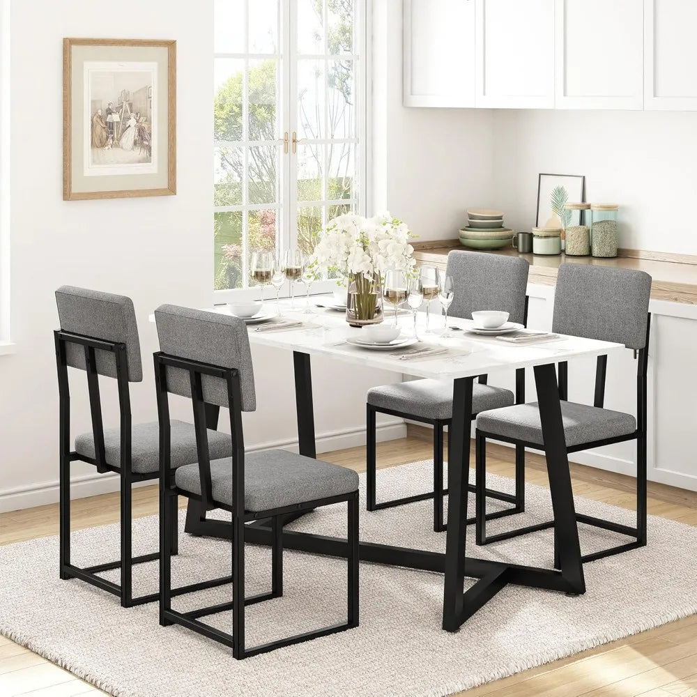 5-Piece Dining Set Faux Marble Table With Linen Upholstered Chairs