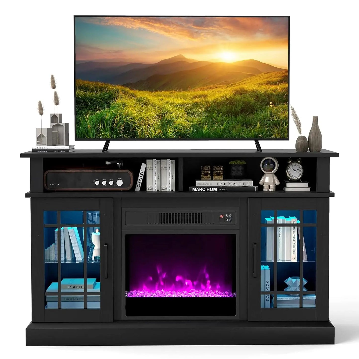 Rustic Electric Fireplace TV Stand With LED Lights And Remote