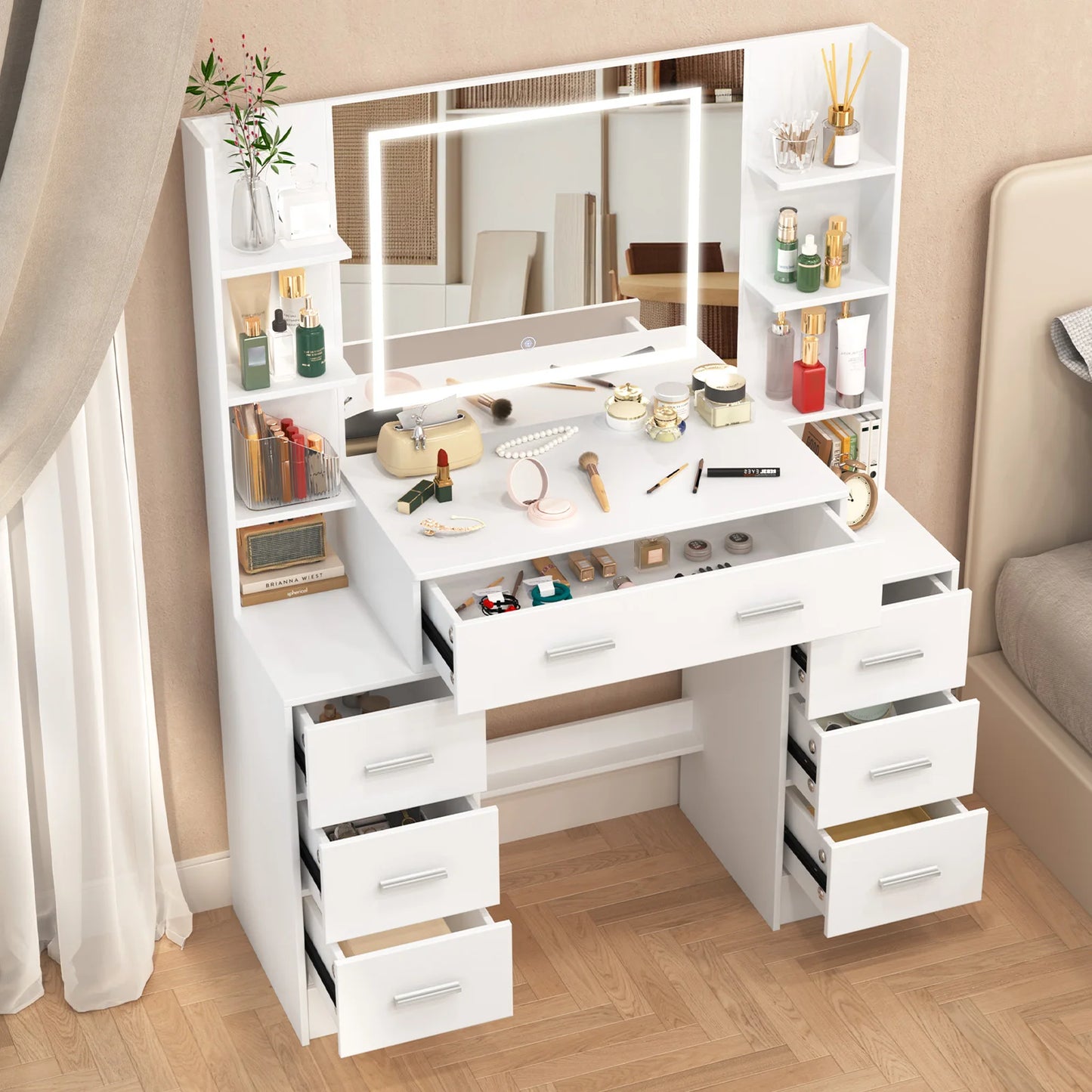 General Use Luxe Natural Wood Vanity With Illuminated Mirror