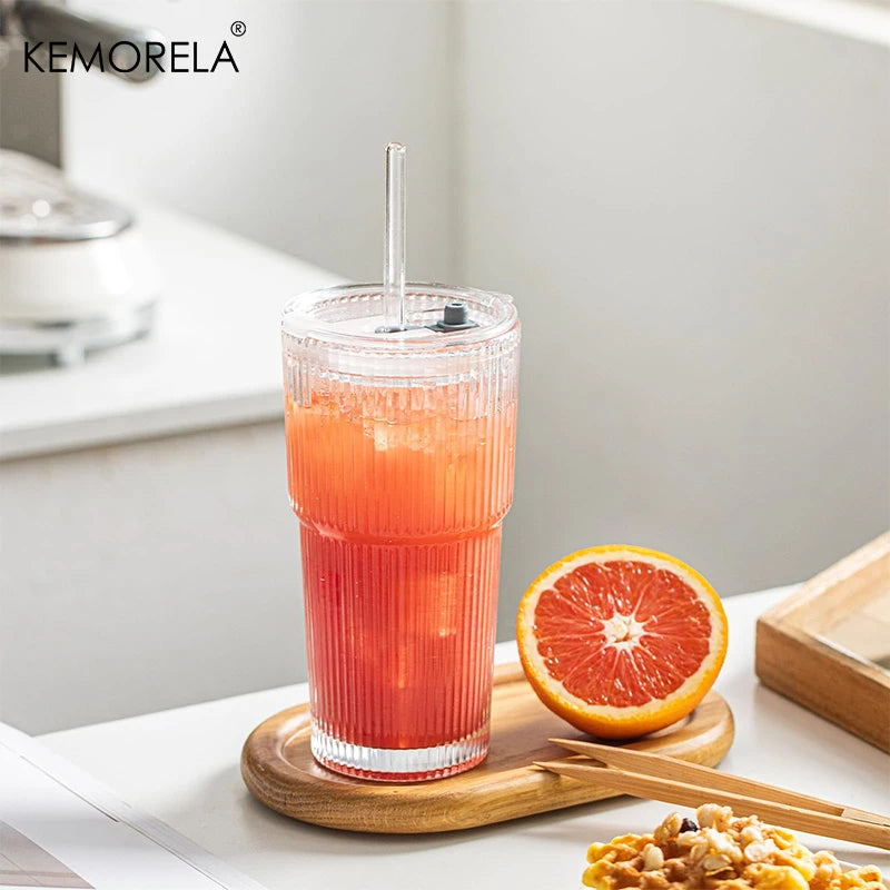 KEMORELA Ribbed Glass Tumblers With Lids And Straws Set