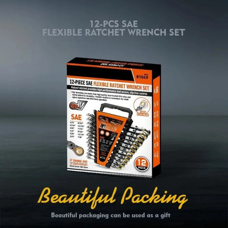 12 Piece SAE Flex Head Ratcheting Wrench Set With Organizer