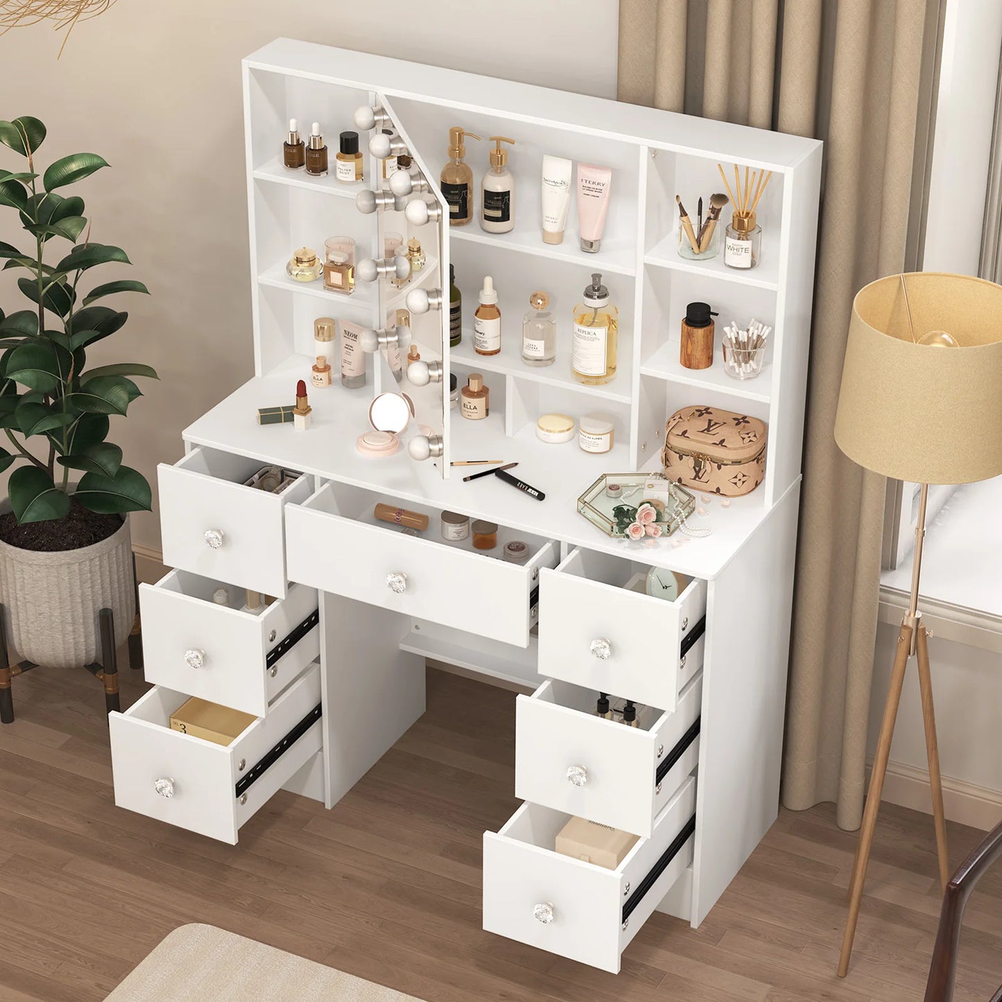 General Use Refined Oak Makeup Vanity With LED Mirror And Shelves