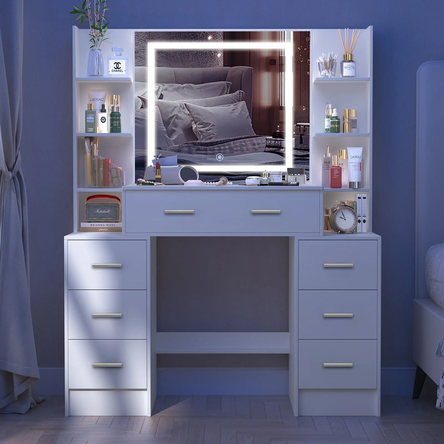 General Use Luxe Natural Wood Vanity With Illuminated Mirror