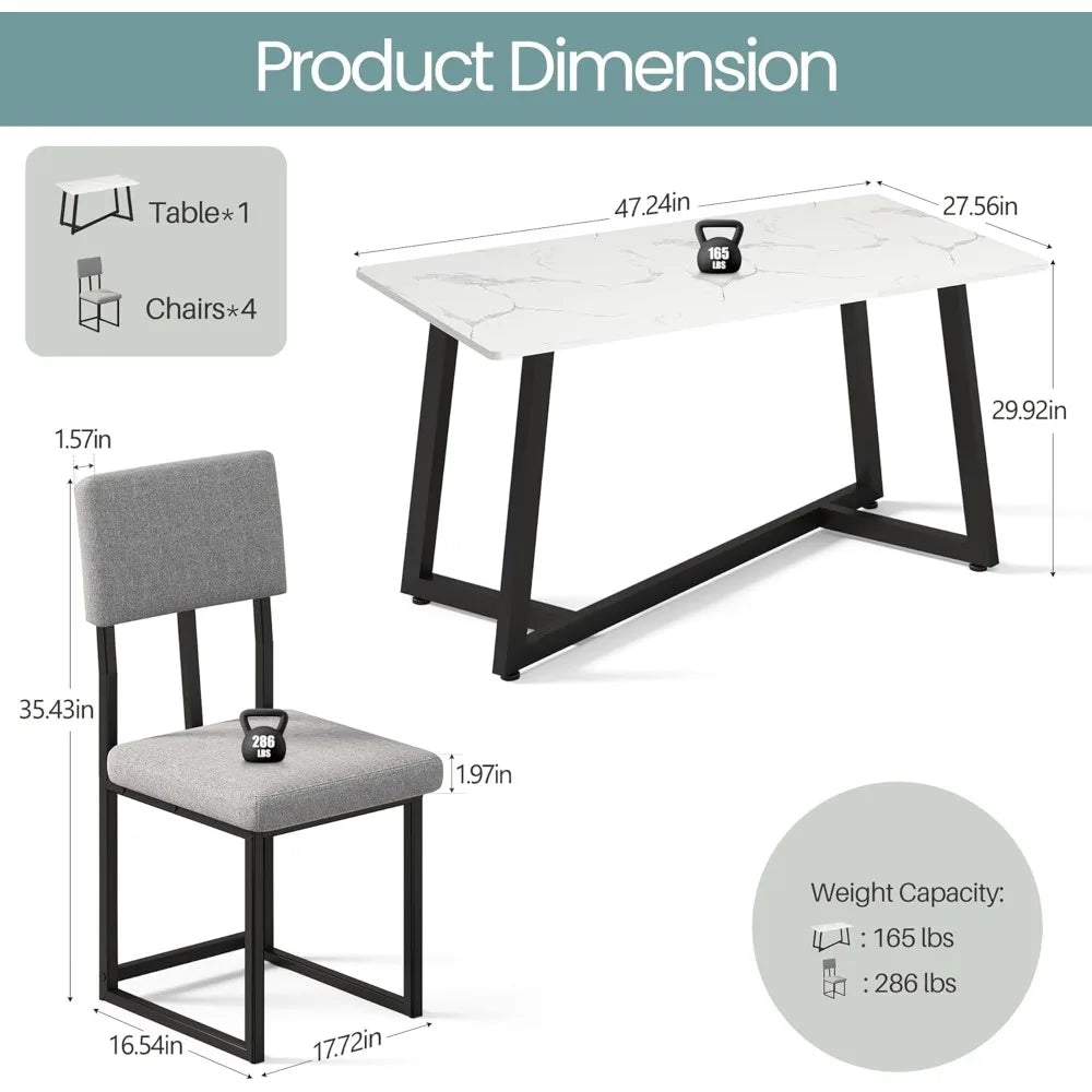 5-Piece Dining Set Faux Marble Table With Linen Upholstered Chairs