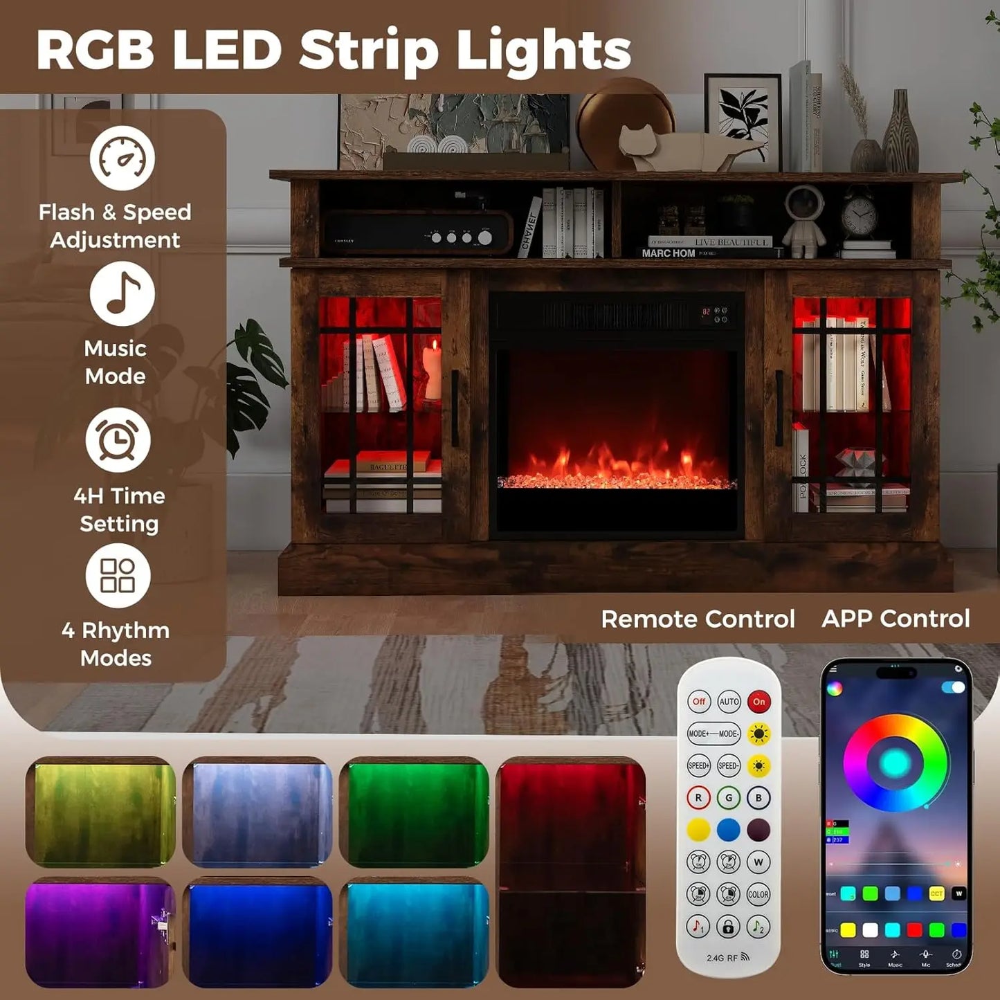 Rustic Electric Fireplace TV Stand With LED Lights And Remote