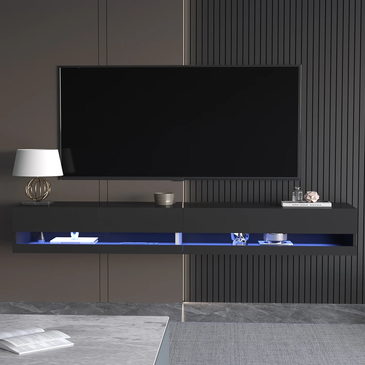 QiaoShiRen Floating Wall Mounted TV Stand With Power Outlets LED