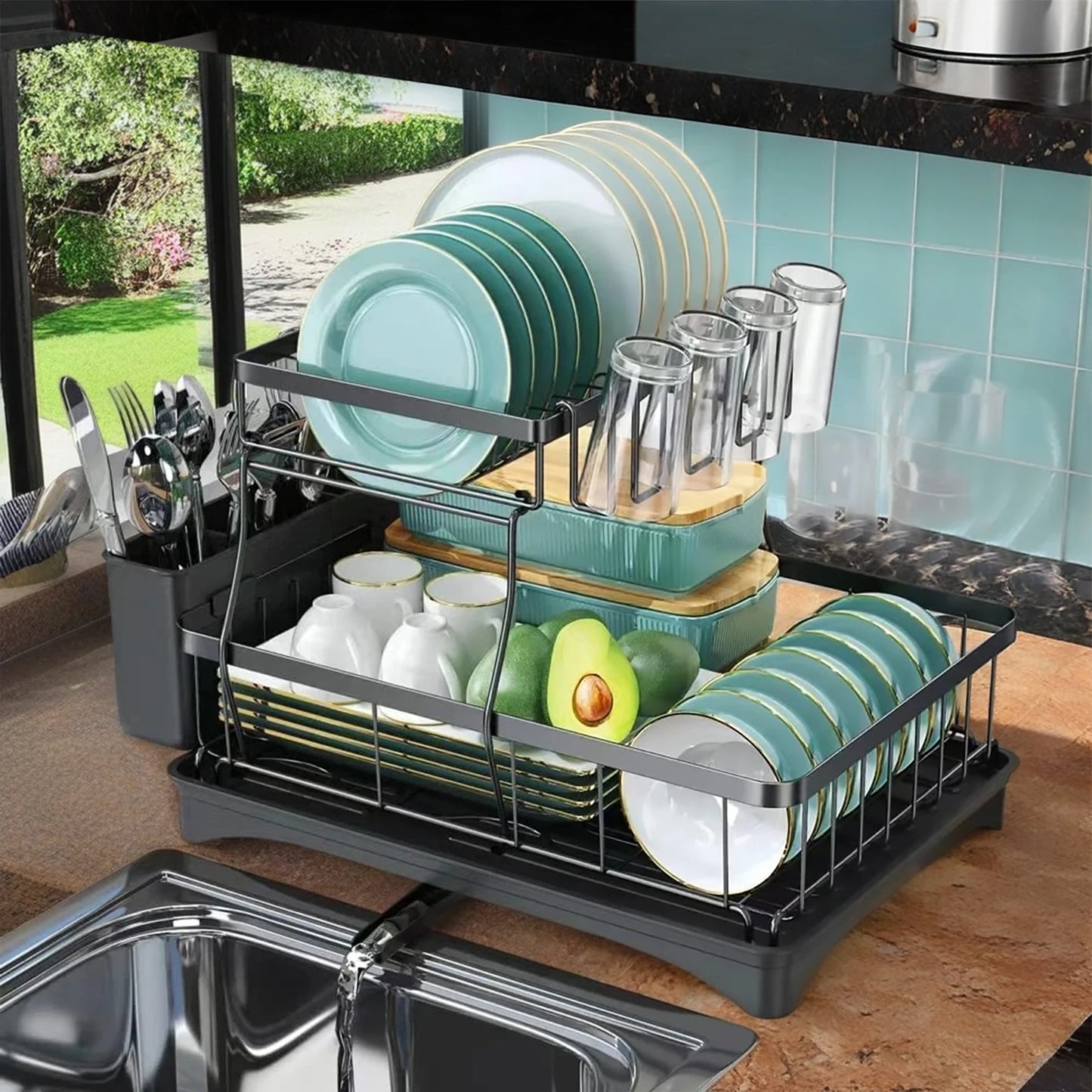 Two-Tier Dish Drying Rack For Kitchen Countertop, Removable