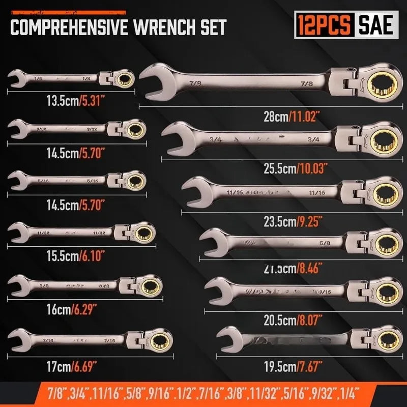 12 Piece SAE Flex Head Ratcheting Wrench Set With Organizer