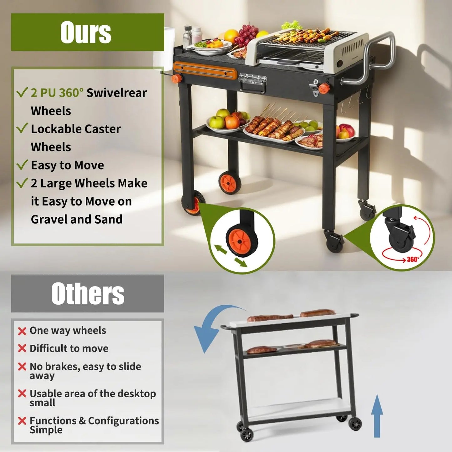 Portable Outdoor Grill Table With Wheels Folding Cart For Cooking
