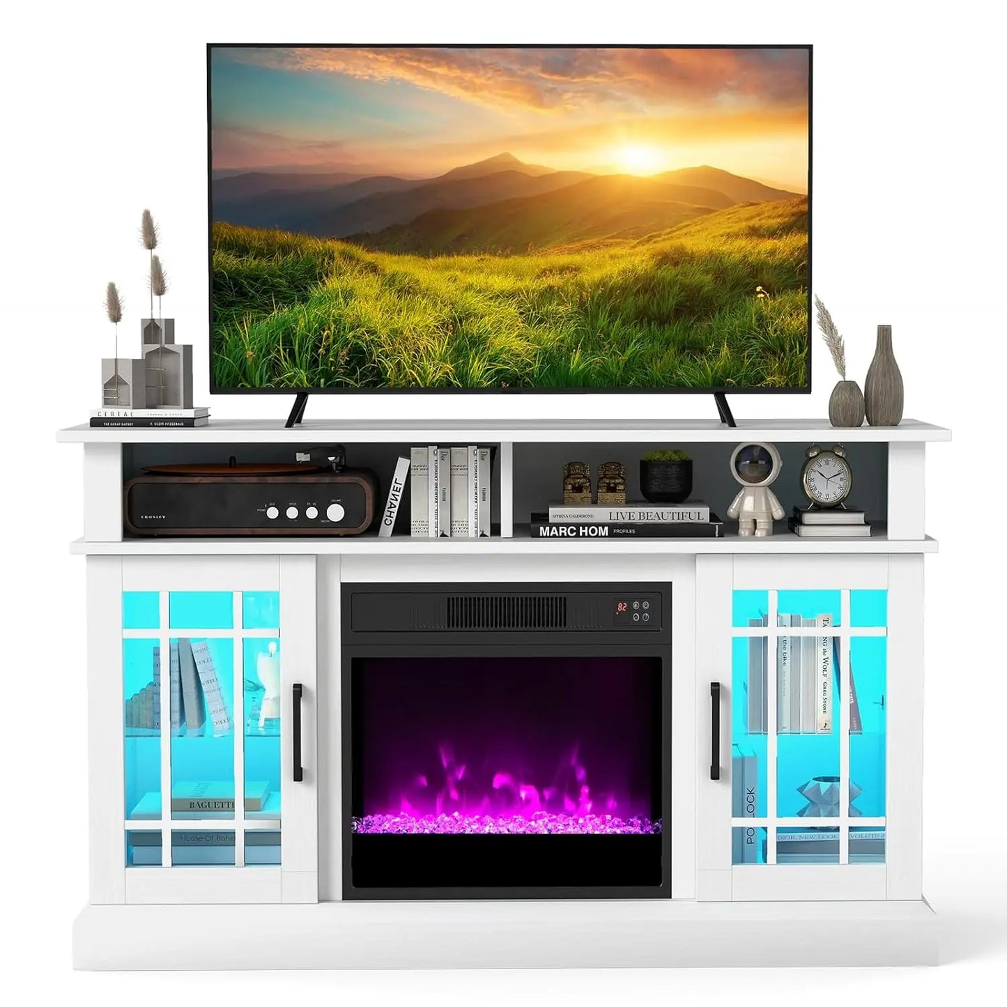 Rustic Electric Fireplace TV Stand With LED Lights And Remote